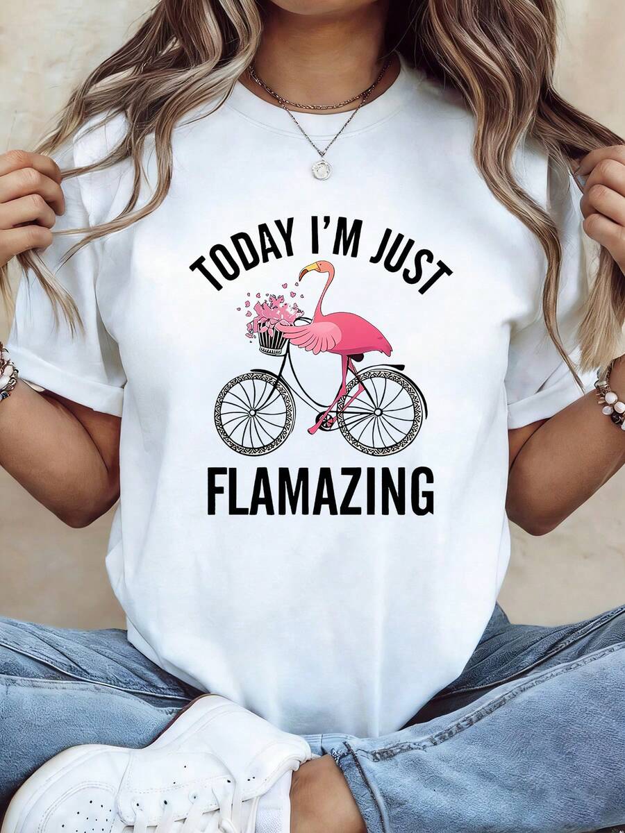 Simple And Versatile Design: Fun Decal With A Flamingo Riding A Vintage Bicycle, Graphic Print "HELLO, TODAY I'M SIMPLY FLAMAZING", Women's Cotton T-Shirt, Modern And Casual, Round Neck, Ideal For Spring-Summer, Suitable For Daily Wear, Shopping, Parties, Commuting, Versatile And Stylish. - 白色 - 查看 1