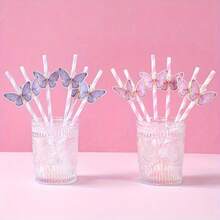 1/10pcs Butterfly Wing Paper Straws, Multi-Occasion Party Supplies, Suitable For Wedding, Bridal Shower, Birthday, Event And Celebration Decoration Drinking Straws - Butterfly - View 4