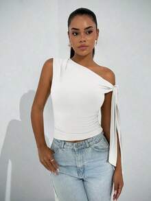 Elegante blusa de mujer con hombros asimétricos y cuello con lazo, adecuada para citas casuales, fiestas nocturnas, uso diario, otoño - Blanco - Ver 6