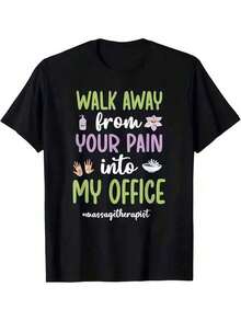 Plus Size, Women's Plus Size Black Massage T-Shirt - Slogan "WALK AWAY From YOUR Into MY OFFICE" And Massage Icons (Soap Dispenser, Hands, Flower, S) - Clothing For Therapists, Spa, Short Sleeve Crew Neck Top - 黑色 - 查看 7