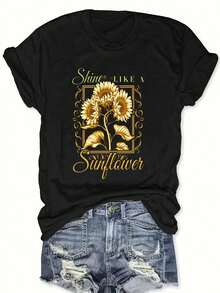 Camiseta Estampada para Mujer - Camiseta Casual Negra de Manga Corta y Cuello Redondo con Diseño de Girasol Dorado y Texto Cursivo - Corte Relajado para Todas las Estaciones, Perfecta para Uso Diario y Vacaciones (Lavable aáquina). - Negro - Ver 6