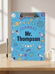 1pc Custom Text Space & Science Teacher Clipboard, Personalized Name Acrylic Clipboard With STEM Pattern, Science Teacher Clipboard With Metal Clip, Back To School Classroom Supply, Teacher Appreciation Gifts, Blue Cute Astronaut Clipboard, Alaxy & Planet Design - Multicolor - View 5