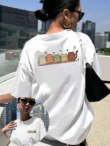 | Exquisite Design | Loose And Comfortable | Easy To Match | Double-Sided Printed T-Shirt, Cat Series, Cute Cartoon Print, Casual Short Sleeve Round Neck For Women, Skin-Friendly Fabric, Classic Design, Spring And Summer Top, A Must-Have Fashion Item For Women. - 白色 - 查看 7
