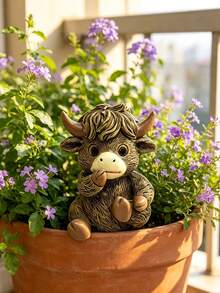 Highland Cow Resin Pot Hugger Set - Cute "See No Evil, Hear No Evil, Speak No Evil" Calf Figurines, Ideal For Plant Pot Edges, Balconies & Garden Decor. Adds Whimsical Farm Charm To Indoor And Outdoor Spaces,Garden,Outdoor Decor,Garden Stuff,Garden Statues - New Model - View 4