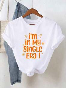 1 Piece Of Women's Summer Top, Y2K Style, Cute And Fun. Short-Sleeved Women's T-Shirt With Cartoon Letter Print, Fun And Energetic Design, American Style, With Orange Wave Font. Suitable For Various Occasions, Such As A Gift For Festivals, Birthdays, Music Festivals, Casual Wear, Versatile And Comfortable, For Beach Vacations, Simple And Fashionable, Suitable For Everyday Wear For Women And Girls. Soft. - 白色 - 查看 7