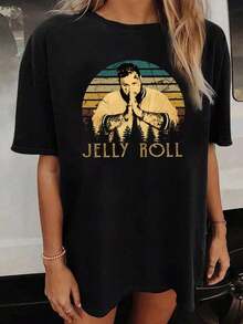 Women's Oversized Loose Fit JELLY ROLL Print T-Shirt - Casual Polyester Crew Neck Top, All-Season Comfort, Festive Holiday Top, 1 Piece, Crew Neck, 100% Cotton, Soft Fabric, Short Sleeve - 黑色 - 查看 1