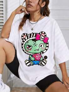 Women's T-Shirt, Y2K Style Oversized Cotton T-Shirt For Women, With Cute Cat Print And Pink Skull Bow, Casual Summer T-Shirt, Gift For Her, Summer Outfits For Women, Oversized T-Shirts. - 白色 - 查看 1
