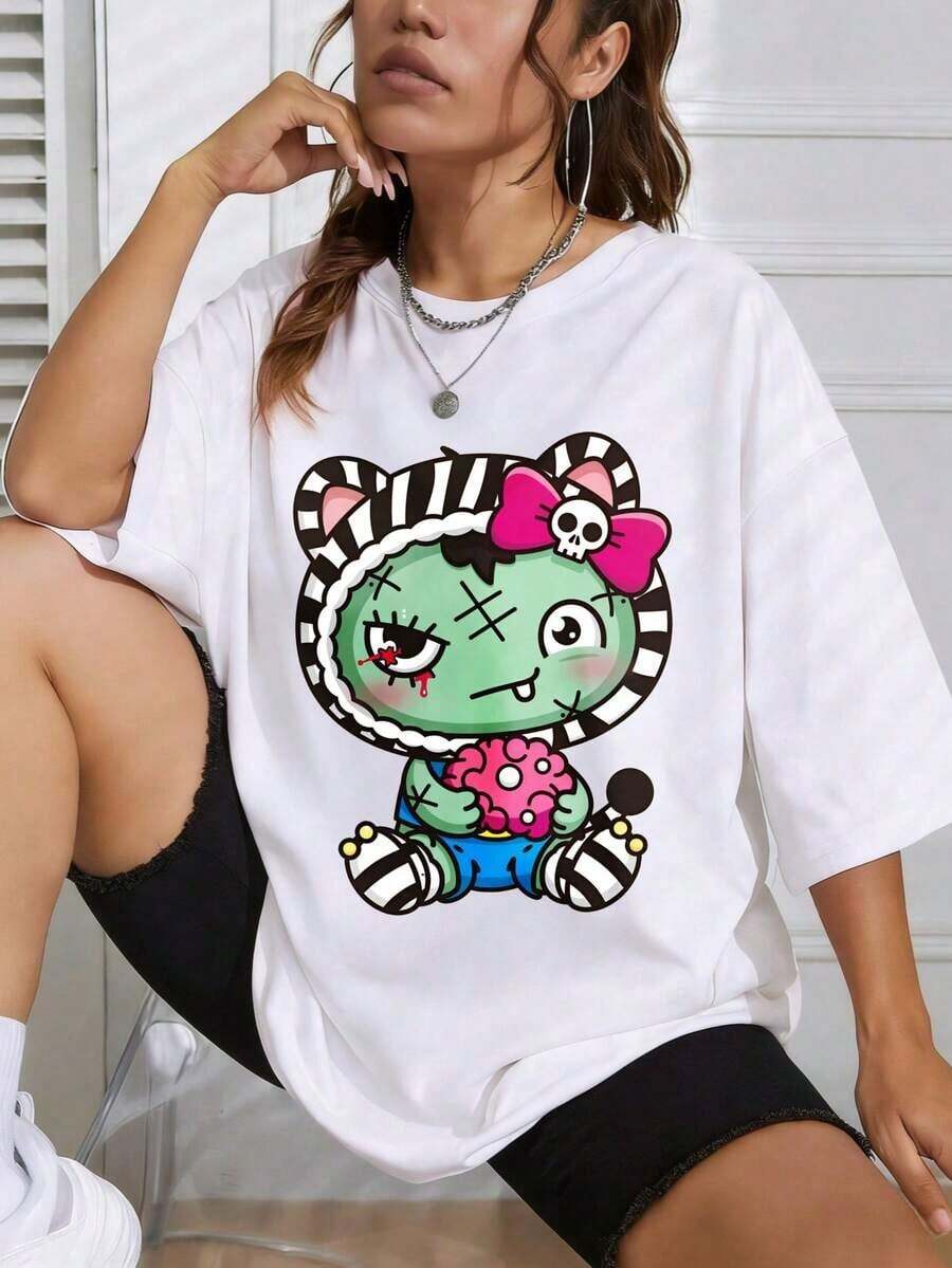 Women's T-Shirt, Y2K Style Oversized Cotton T-Shirt For Women, With Cute Cat Print And Pink Skull Bow, Casual Summer T-Shirt, Gift For Her, Summer Outfits For Women, Oversized T-Shirts. - 白色 - 查看 1