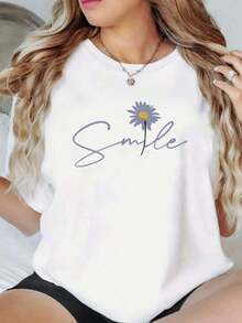 Versatile.1pac.100%Cotton.Women Smile Print Loose Oversized T-Shirt For Women - Casual Polyester Knit Fabric With Round Neckline, All-Season Comfort, Festive Holiday Top, 1 Piece, 200gsm.Moda Corte - White - View 5