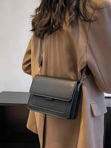 Mini Retro Colorblock Square Crossbody Bag, Versatile Casual Modern Style Flap Bag, PU Leather Material Small Bag - Black - View 7