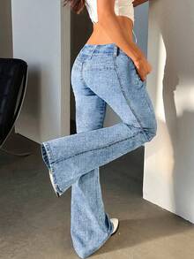 Calças jeans Y2K elásticas azuis de cintura baixa, skinny e bengala, femininas, sexy, vintage, elegantes, streetwear, bengala, férias, casual, calças bengala, verão 2026 casual - Azul Empoeirado - Ver 2