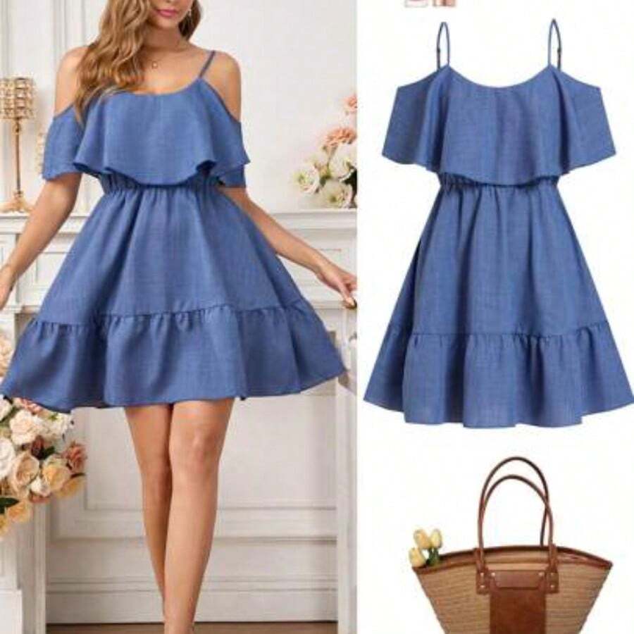 Vestido elegante de moda nuevo para mujeres con escote en el hombro, borde alto y cintura favorecedora, mini vestido ideal para vacaciones, salidas casuales, fiestas, meriendas y talla grande ocasiones de verano - Azul - Ver 1