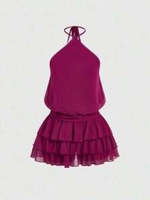 ROMWE Vestido mini con cuello halter, espalda descubierta y bajo con múltiples volantes - Amarillo - Ver 6