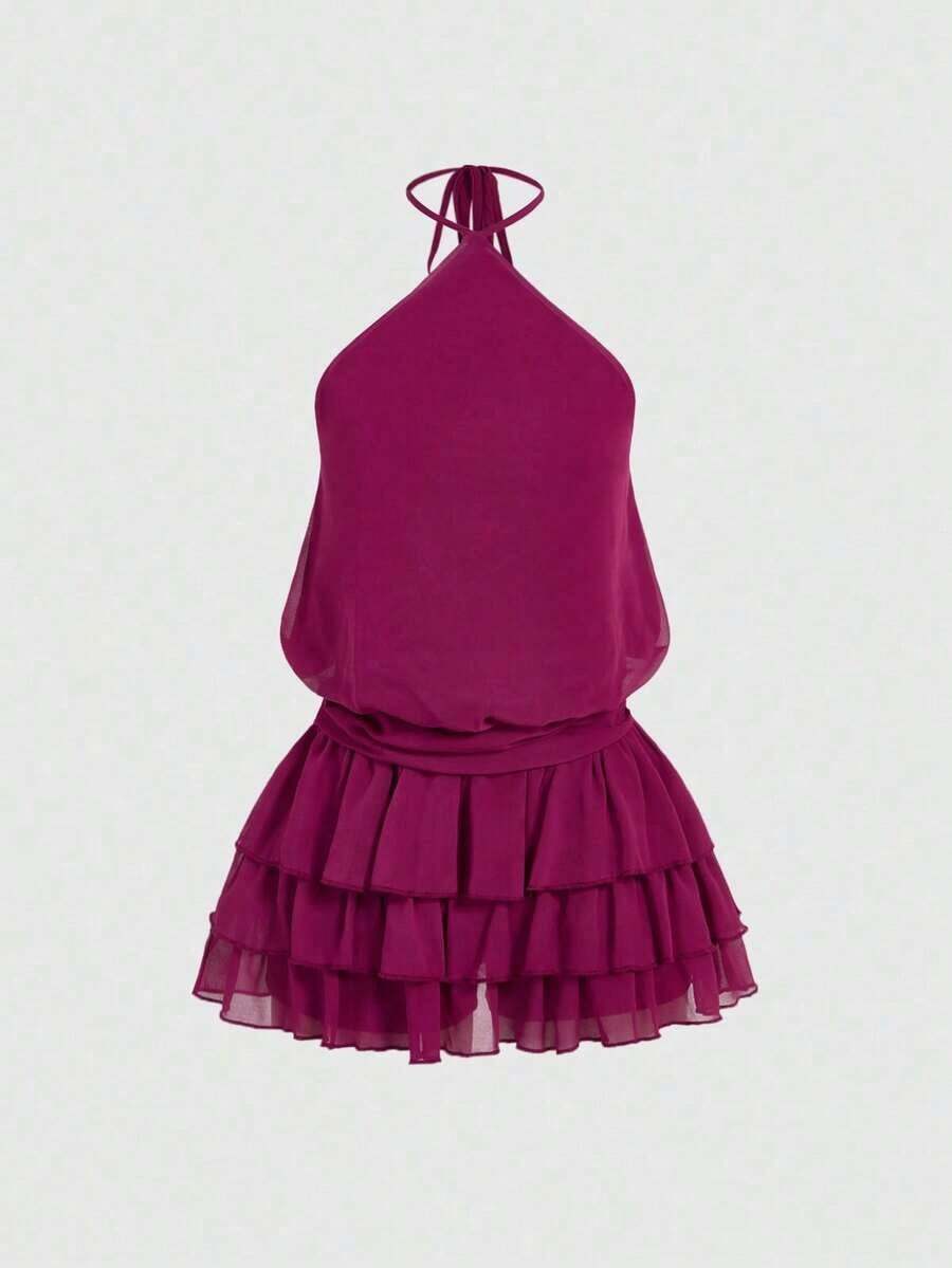 ROMWE Vestido mini con cuello halter, espalda descubierta y bajo con múltiples volantes - Morado - Ver 1