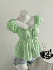 de mujer de unicolor con cuello cuadrado y manga corta, para vacaciones - Verde - Ver 5