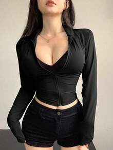 Camiseta de manga larga de cuello alto y ajuste ceñido para mujer, ropa de otoño - Negro - Ver 1