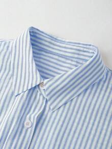 Camisa de manga corta a rayas vintage, de moda para ir al trabajo en verano - Azul y blanco - Ver 8