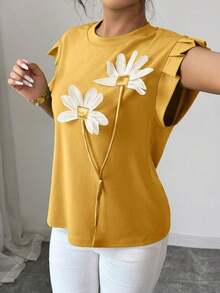 Camiseta de mujer con flores tridimensionales lindas y contrastantes para verano y otoño - Amarillo - Ver 4