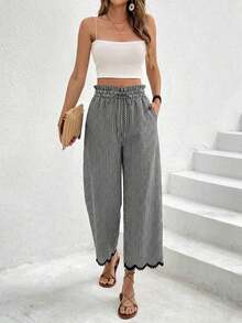 Pantalones casuales de mujer con cintura con cordón a cuadros - Blanco y Negro - Ver 4