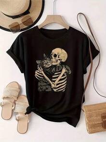 New 2026 Camisetas Para Mujer,Camisetas para parejas Camiseta única diseño Y2K con calavera abrazando a gato estilo vintage ideal para tus outfits casuales combina confort y estilo trending en México perfecta para amantes de la moda alternativa disponible en talla única - Negro - Ver 1