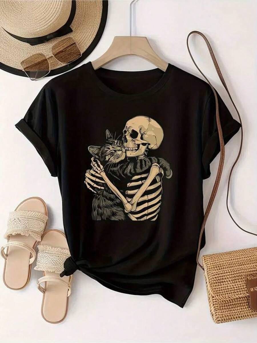 New 2026 Camisetas Para Mujer,Camisetas para parejas Camiseta única diseño Y2K con calavera abrazando a gato estilo vintage ideal para tus outfits casuales combina confort y estilo trending en México perfecta para amantes de la moda alternativa disponible en talla única - Negro - Ver 1