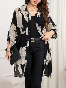 Chikora Camisa de manga larga con estampado floral y abotonadura sencilla para mujer de talla grande - Negro - Ver 4