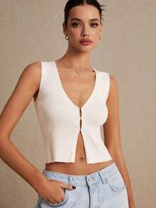 Chaleco de punto de un solo pecho con cuello en V de unicolor, para mujer, para usar en la escuela en otoño/invierno - Beis - Ver 4