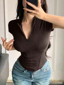 Camiseta deportiva de compresión con cremallera, estilo preppy de verano - Café integral - Ver 6
