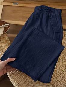 Pantalones casuales de mujer de unicolor y bolsillos minimalistas - Azul marino - Ver 7