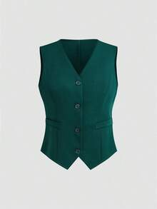 Chaleco minimalista de unicolor con cuello en V, sin mangas y con botones delanteros - Verde Oscuro - Ver 8