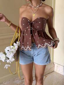 Top camisole de mujer con estampado, bordado y rayas, ideal para vacaciones con lazo delantero - Marrón - Ver 5
