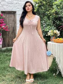 Vestido casual de línea A con cintura ceñida y mangas cortas con lunares para tallas grandes - Beis - Ver 4