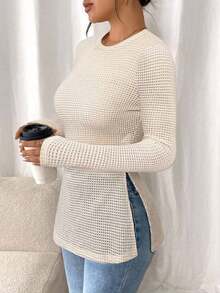 Frenchy Camiseta de manga larga a rayas de estilo informal para mujer con bajo con abertura, para primavera y otoño - Albaricoque - Ver 9