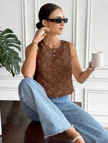 Blusa sin mangas casual y versátil con cuello redondo, decoración de moño y jacquard - Marrón - Ver 6