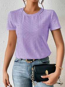 Camiseta blanca de cuello redondo con bordado de ojales, minimalista para ir a la oficina, estilo antiguo y sencillo - Morado - Ver 6