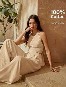 trasero de espalda abierta Top halter & Pantalones de pierna ancha - Caqui - Ver 9