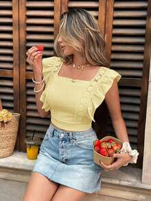 Frenchy Blusa de mujer con manga de volantes, parche de encaje y lazo de unicolor - Amarillo - Ver 4