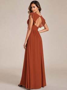 Vestido de dama de honor de gasa, diseño con escote en V plisado de manga corta, espalda abierta drapeada y bajo asimétrico, adecuado para bodas, uso vacacional, vestido de madre de la novia en primavera - Naranja Quemada 2 - Ver 5
