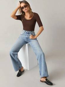Body de mujer de unicolor, cuello redondo, manga corta, ajuste ceñido, uso diario casual - Café integral - Ver 5