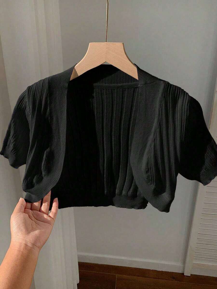 Cárdigan de punto de manga corta casual de verano en unicolor - Negro - Ver 1