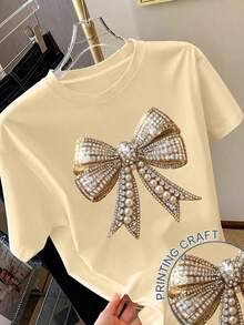 Women's Short-Sleeved T-Shirt With Heart Print, Spring Clothing, Holiday Outfit, White For Summer, Beach Look, Vacation Style, Country Style, Women's Office Outfit. - 杏 - 查看 1
