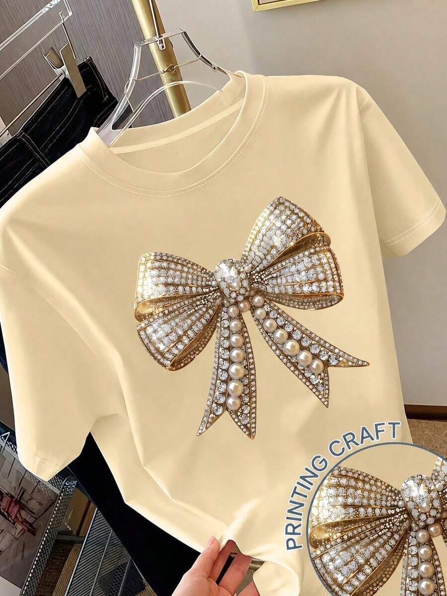 Women's Short-Sleeved T-Shirt With Heart Print, Spring Clothing, Holiday Outfit, White For Summer, Beach Look, Vacation Style, Country Style, Women's Office Outfit. - 杏 - 查看 1