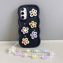 1 chiếc vòng tay đính hạt 5 bông hoa trong suốt + ngọc trai + hoa nhiều màu sắc, ốp lưng điện thoại họa tiết sóng, chống sốc, phù hợp với dòng điện thoại Android [Phiên bản quốc tế, không phải phiên bản nội địa] S26Ultra/S25/S24/S23S22/S21, Honor X5/X6/X7/X8/X9, A3X/A5/A6, - màu đen - Xem 3