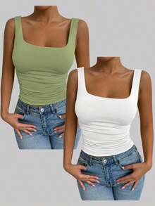 Conjunto de dos piezas de camiseta de tirantes ajustada en verde y blanco, estilo sexy de club, atuendo de festival y carnaval, atuendo de cumpleaños de mujer, atuendo romántico para citas, atuendo de concierto, esencial para fiestas, atuendo diario, atuendo deportivo casual, estilo de vacaciones - Multicolor 5 - Ver 6
