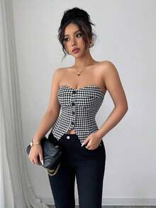 Top corto sin mangas con botones delanteros y estampado de pata de gallo, para uso en oficina o viajes, de moda para el verano - Multicolor - Ver 4