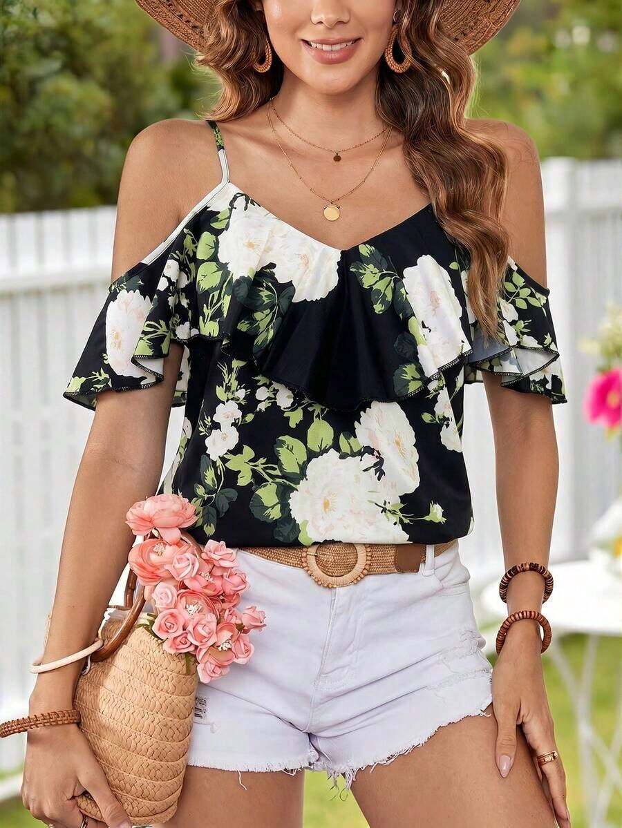 Camiseta de tirantes con cuello con volantes y estampado floral para vacaciones - Negro - Ver 1