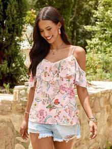 Blusa de mujer de gasa con hombros descubiertos, bajo con volantes y estampado, para primavera/verano y vacaciones - Rosa 2 - Ver 3