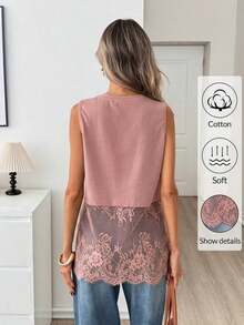 Top sin mangas de mujer con cuello redondo y dobladillo de encaje, primavera/verano - Rosa vieja - Ver 4
