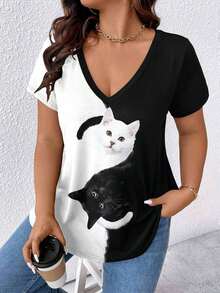 Camiseta de mujer de talla grande con cuello en V y estampado - Multicolor 2 - Ver 3