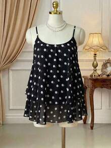 Rometta Camiseta de tirantes finos con espalda cruzada, dobladillo con doble volante y lunares, para mujer de talla grande - Blanco y Negro - Ver 6